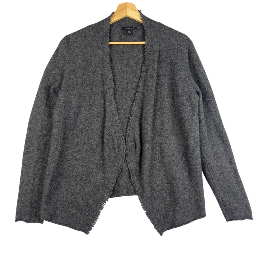 Eileen‎ Fisher Wool Knit Cardigan Frayed Trim Open Front Cozy Gray Small S